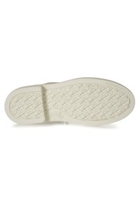 Suola di sneaker bianca con una presa testurizzata e a motivi. Presenta un bordo liscio e un sottile dettaglio del logo sul lato.