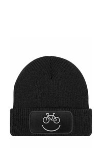 Black knit beanie featuring a folded cuff. Front patch displays a white bicycle graphic above a smiley face, made from textured fabric.