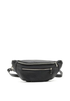 Banane en cuir noir avec deux compartiments zippés argentés et une sangle ajustable, présentée sur fond blanc.