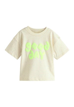 Cremefarbenes T-Shirt mit kurzen Ärmeln, hellem grünen Bubble-Text und Blumen mit der Aufschrift „good day“ auf der Vorderseite.