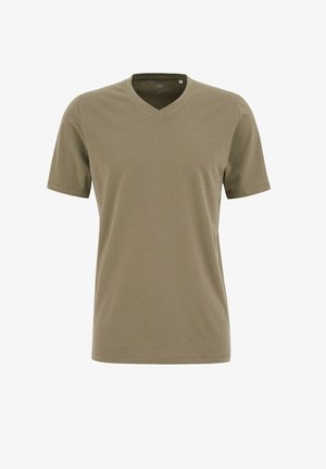 Olivgrünes T-Shirt mit kurzen Ärmeln und V-Ausschnitt. Aus weichem Material gefertigt, bietet es eine glatte Textur und einen geraden Saum.