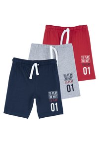Ensemble de trois shorts : marine, gris et rouge. Matière en coton avec taille élastique et cordon de serrage. Présente des impressions de texte en couleurs contrastées.