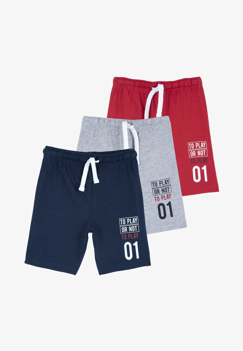 Conjunto de tres pantalones cortos: azul marino, gris y rojo. Material de algodón con cintura elástica y cordón. Presenta impresiones de texto en colores contrastantes.