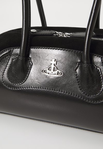 Black leather handbag featuring smooth material, two sturdy handles, and a silver logo accent on the front. Textured stitching detail visible.