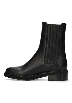 Schwarze Leder-Stiefelette mit elastischen seitlichen Einsätzen, abgerundetem Zehenbereich, niedrigem Absatz und strukturiertem Sohlen. Glatte Oberfläche mit minimalen Nähte.