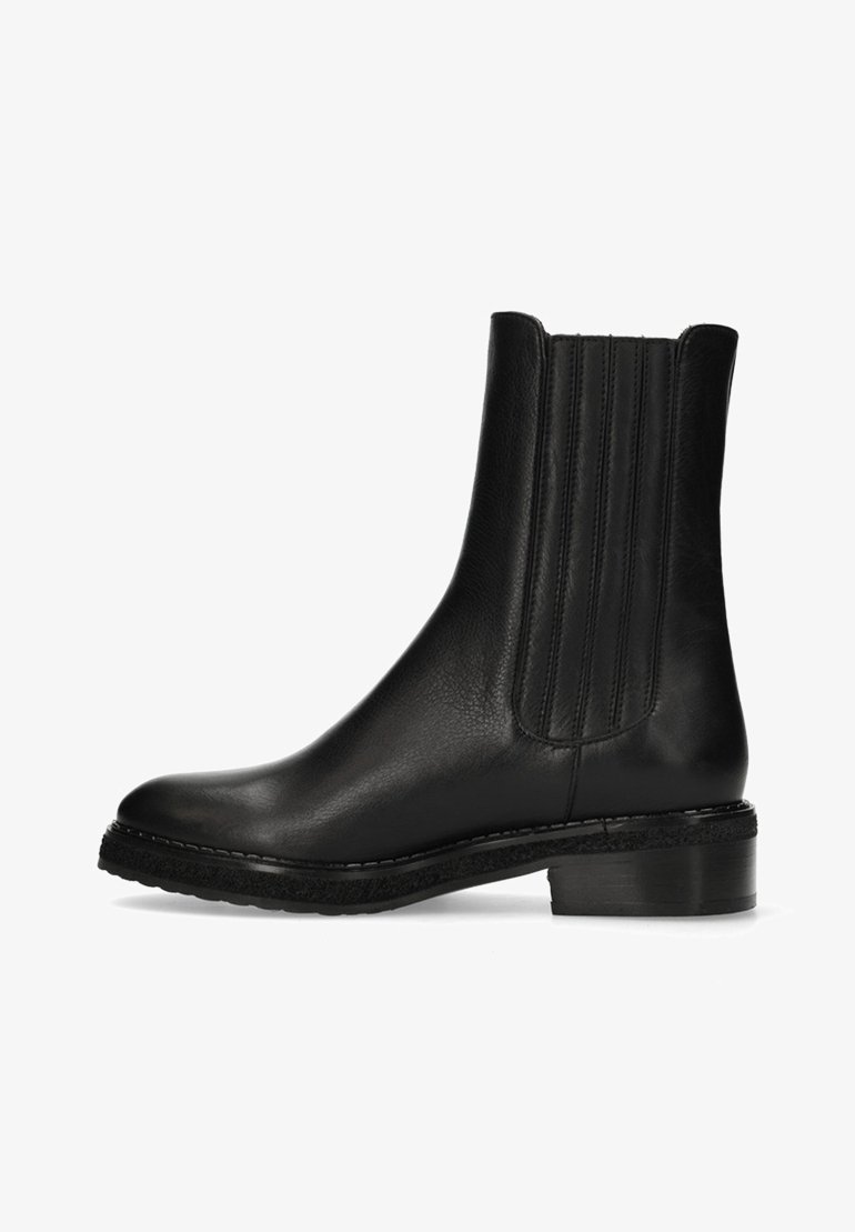 Black leather ankle boot with elastic side panels, rounded toe, low heel, and textured sole. Smooth finish with minimal stitching detail.