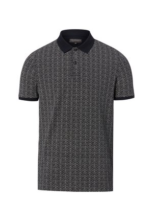 Czarna koszulka polo z krótkim rękawem z białym geometrycznym wzorem oraz jednolitym czarnym kołnierzykiem i mankietami rękawów.