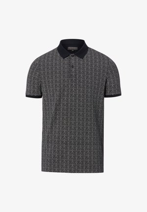 Schwarzes Poloshirt mit kurzen Ärmeln, weißem geometrischem Muster und einfarbigem schwarzem Kragen sowie Ärmelbündchen.