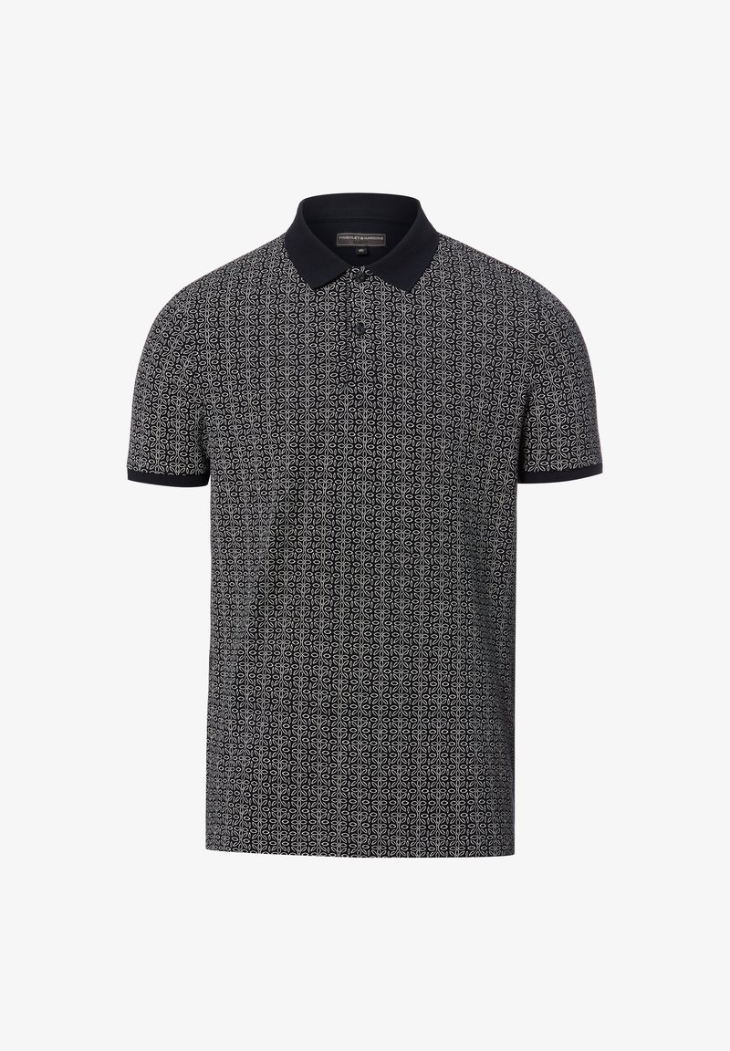 Schwarzes Poloshirt mit kurzen Ärmeln, weißem geometrischem Muster und einfarbigem schwarzem Kragen sowie Ärmelbündchen.