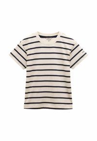 Kreemivärviline triibuline t-särk tumesiniste horisontaalsete triipudega, lühikesed varrukad, ümmargune kaelus ning väike logo detail varruka ääres. Puuvillane materjal.