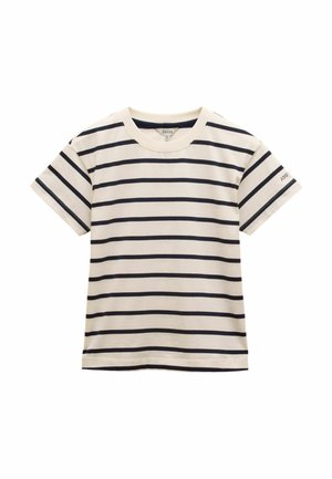 Gestreiftes T-Shirt in Creme mit navyblauen horizontalen Streifen, kurzen Ärmeln, Rundhalsausschnitt und einem kleinen Logodetail nahe dem Ärmelabschluss. Aus Baumwollmaterial.