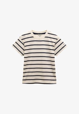 Gestreiftes T-Shirt in Creme mit navyblauen horizontalen Streifen, kurzen Ärmeln, Rundhalsausschnitt und einem kleinen Logodetail nahe dem Ärmelabschluss. Aus Baumwollmaterial.