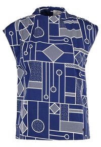 Blue blouse with abstract white geometric patterns, featuring a high neck and cap sleeves. Made of smooth fabric with a subtle sheen.