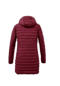 Abrigo acolchado burdeos con capucha, con un diseño acolchado, mangas largas y un corte hasta la rodilla. Textura suave y ajuste flexible.