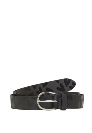 Ceinture en cuir noir avec boucle ovale en argent, présentant un motif subtil de cœurs brillants le long de sa longueur.