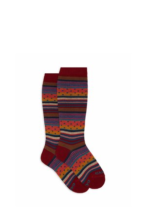 Colorful knee-high socks featuring a mix of stripes in hues of red, brown, and mustard, with polka dot accents and ribbed cuffs.