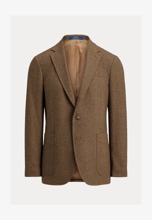 Ruskea kalanruotokuvioinen villableiseri, jossa kaksi etutaskua, yksittäinen nappikiinnitys, lovelliset kaulukset ja beige satiinivuori.