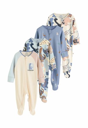 Vier Baumwoll-Babystrampler in unterschiedlichen Farben: Creme mit Grafiken, Blau mit Mustern und mehrfarbig mit Dinosaurier-Motiven. Langärmlig und mit Fußteil.