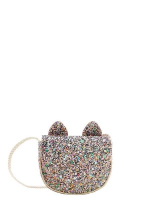 Lille crossbody taske dækket af flerfarvet blomsterglitter med to katteører på toppen og en hvid flettet rem.