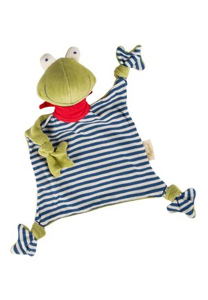 Soft frog-shaped baby comforter with green head, red neckerchief, and blue and white striped fabric body with knotted corners.