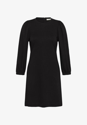 Schwarzes Kleid aus weichem Stoff, mit langen Puffärmeln, einem runden Ausschnitt und einem dezenten Reißverschluss am Rücken. Schlichte Silhouette.