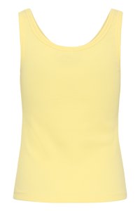 Débardeur jaune clair sans manches avec un col rond et une texture côtelée, présenté sur fond blanc.