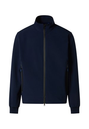 Giacca leggera blu navy con collo alto, zip frontale completa, tasche laterali con cerniera e polsini elasticizzati.