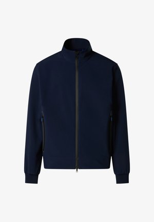 Marineblaue leichte Jacke mit hohem Kragen, durchgehendem Frontreißverschluss, seitlichen Reißverschlusstaschen und elastischen Bündchen.