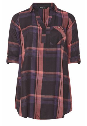 Zwart en rood geblokt shirt met een kraag, borstzak en opgerolde mouwen. Gemaakt van lichtgewicht stof met een ontspannen pasvorm.