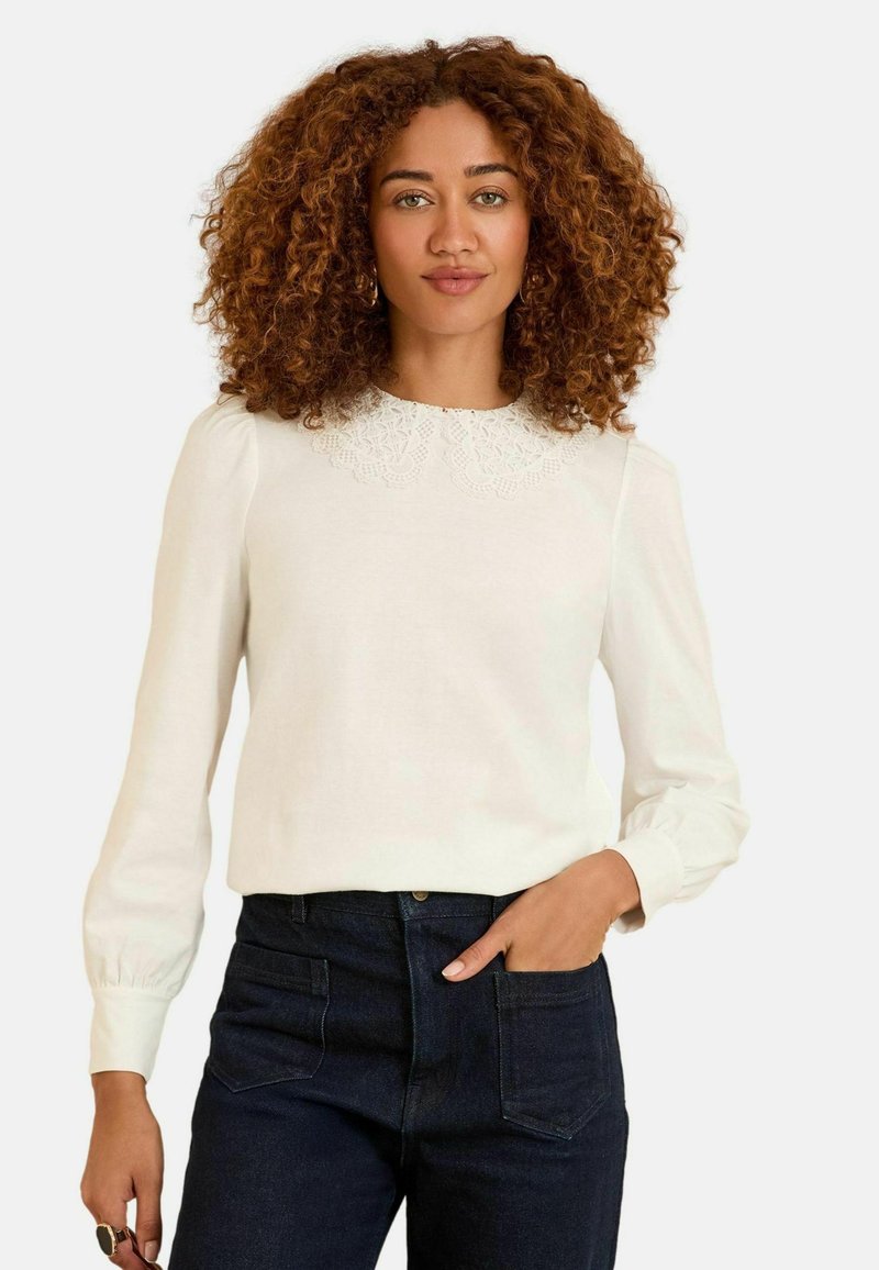 Blusa bianca a maniche lunghe con colletto in pizzo testurizzato, caratterizzata da maniche a sbuffo e una vestibilità morbida, abbinata a jeans in denim scuro.