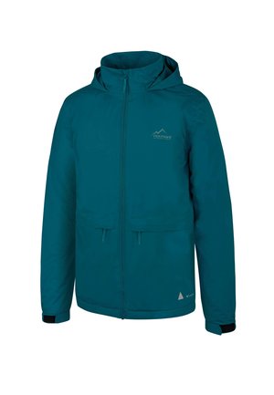 Türkisfarbene Outdoor-Jacke mit Kapuze, Frontreißverschluss, zwei unteren Taschen, verstellbaren Manschetten und einem Berglogo auf der oberen linken Brust.