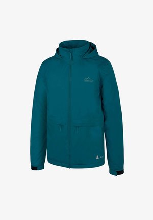 Türkisfarbene Outdoor-Jacke mit Kapuze, Frontreißverschluss, zwei unteren Taschen, verstellbaren Manschetten und einem Berglogo auf der oberen linken Brust.