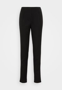 Pantalons noirs sur mesure avec une finition en tissu lisse, présentant une coupe droite, des plis avant et une taille à mi-hauteur.