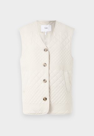 Prešívaná bezrukávová bunda v off-white farbe s výstrihom do V, piatimi gombíkmi a dvoma bočnými vreckami s textúrovaným povrchom.