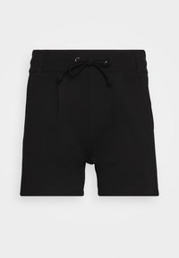 Shorts de bain noirs avec une taille à cordon, comprenant deux poches latérales et une texture lisse. Longueur mi-cuisse sans motifs visibles.