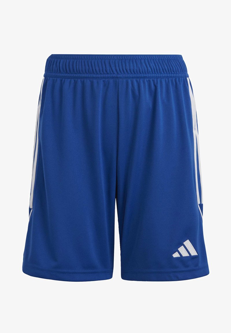 Blue athletic shorts with an elastic waistband, featuring white side stripes and a white logo on the lower right side. Smooth texture.