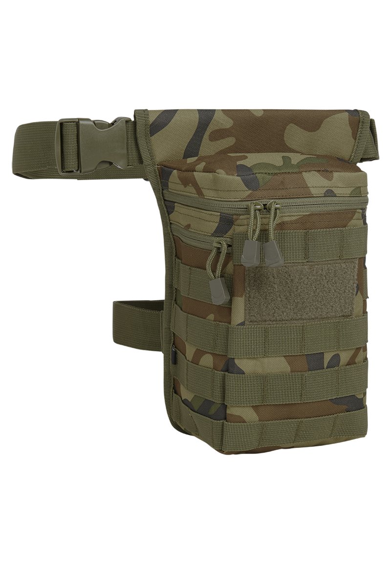 Taktična torbica s kamuflažnim vzorcem, izdelana iz trpežnega blaga, z zgornjim zadrgo zapiranjem, več žepi in snemljivim trakom.
