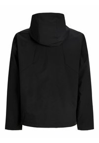 Fekete kapucnis dzseki hosszú ujjakkal, hátulnézet, egyszerű varrásokkal és egyenes szegéllyel.