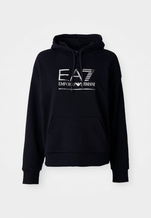 Black cotton hoodie featuring a kangaroo pocket, drawstring hood, and metallic EA7 Emporio Armani logo on front. Ribbed cuffs and hem.