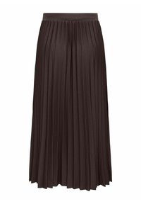 Jupe plissée marron foncé avec une taille élastique, présentant des plis verticaux et une texture lisse, atteignant la longueur mi-mollet.