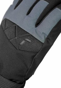 Schwarze Winterhandschuhe mit einem grauen oberen Abschnitt, strukturiertem Stoff mit diagonalem Muster und einem kontrastierenden elastischen Handgelenkband.