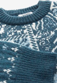 Türkiser Strickpullover mit einem gemusterten Design in Weiß. Gerippter Halsausschnitt und Ärmelabschlüsse. Warmes, strukturiertes Material. Markenlabel sichtbar.