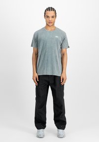 Halli mustriga T-särk lühikeste varrukatega, kombineeritud vabaotstarbeliste mustade kargopükstega. Mudel kannab halli tekstuuriga jooksujalatseid. Minimalistlik disain.