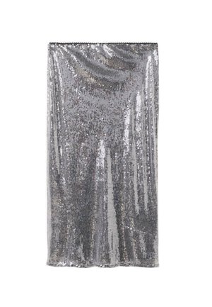 Srebrna suknja od šljokica s glatkom teksturom i uskim siluetom, koja odražava svjetlost s blistavim učinkom. Kraj suknje je ravan.