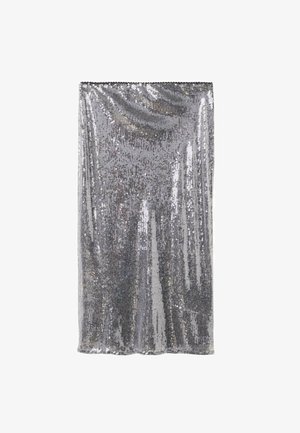 Srebrna suknja od šljokica s glatkom teksturom i uskim siluetom, koja odražava svjetlost s blistavim učinkom. Kraj suknje je ravan.