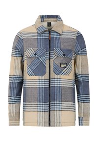 Chemise à zip en flanelle, à motif à carreaux crème et bleu. Dispose de deux poches poitrine, d'un col boutonné et d'une fermeture éclair noire.