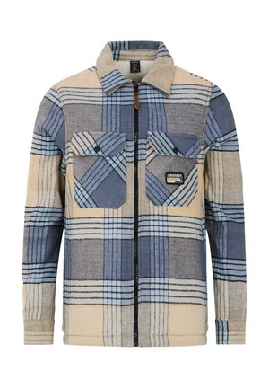 Koszula z flaneli z zamkiem w kolorze kremowym i niebieskiej kratce. Posiada dwie kieszenie na piersi, kołnierz zapinany na guziki oraz czarny zamek.