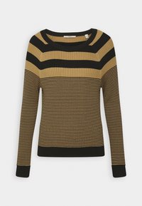 Pull côtelé à rayures alternées noires et moutarde. Il présente un large décolleté et des manches longues, avec des bordures noires aux poignets et à l'ourlet.