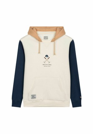 Sudadera con capucha de color beige en la capucha, cuerpo crema y mangas azul marino. Presenta un bolsillo frontal, un diseño gráfico y una etiqueta en la esquina inferior izquierda.