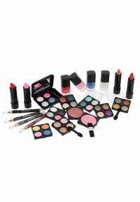 Assorted makeup products including lipsticks, nail polishes, eyeshadows, and compact blushes in black and colorful packaging.